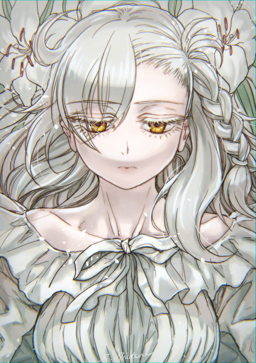 1girl, antenna_hair, braid, closed_mouth, collarbone, commentary_request, dress, fate/grand_order