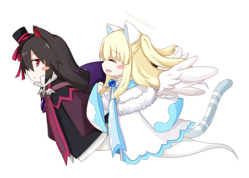 2girls, animal_ears, bat_wings, black_dress, black_hair, black_hat, blonde_hair, blush_stickers