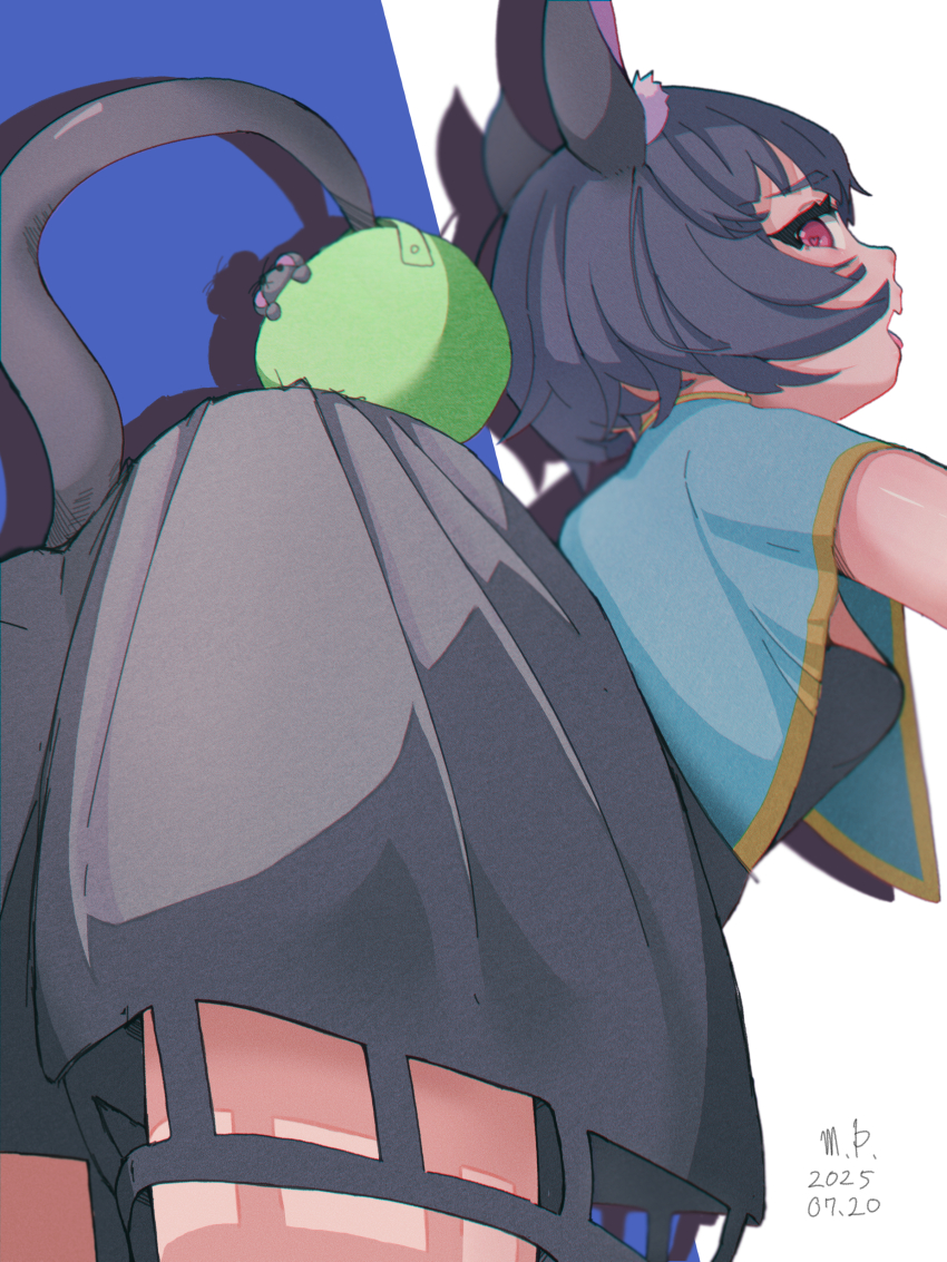 1girl, absurdres, animal_ears, ass, blue_background, blue_capelet, capelet, clothing_cutout