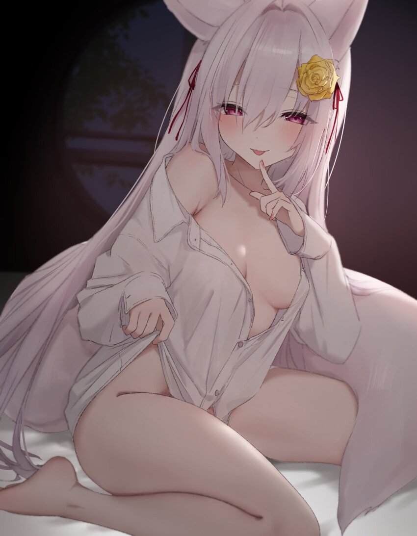 1girl, :p, animal_ears, bottomless, breasts, clothes_lift, commission, finger_to_mouth