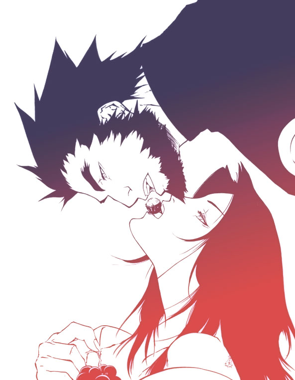 1boy, 1girl, beard, couple, facial_hair, feeding, food, fruit