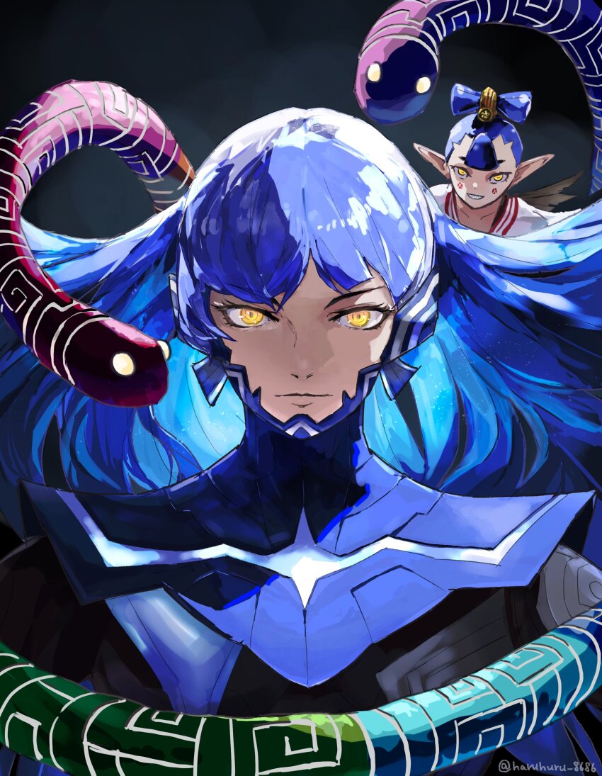 1boy, 1girl, absurdres, amanozako_(megami_tensei), androgynous, armor, black_background, blue_armor