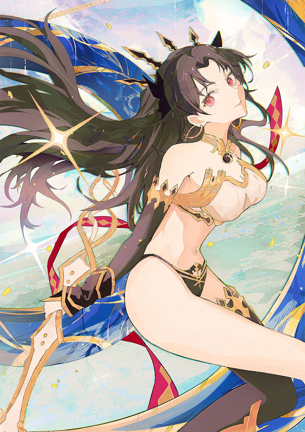 1girl, black_hair, breasts, curvy, detached_sleeves, earrings, fate/grand_order, fate_(series), heavenly_boat_maanna, highres, ishtar_(fate), jewelry, long_hair, looking_at_viewer, medium_breasts, navel, red_eyes, revealing_clothes, shiny_skin, single_thighhigh, tamago_nashi, thighhighs, thong, tiara, very_long_hair, wide_hips