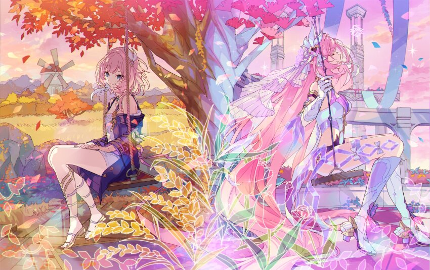 2girls, autumn_leaves, black_shorts, blue_eyes, boots, border, breasts, coat