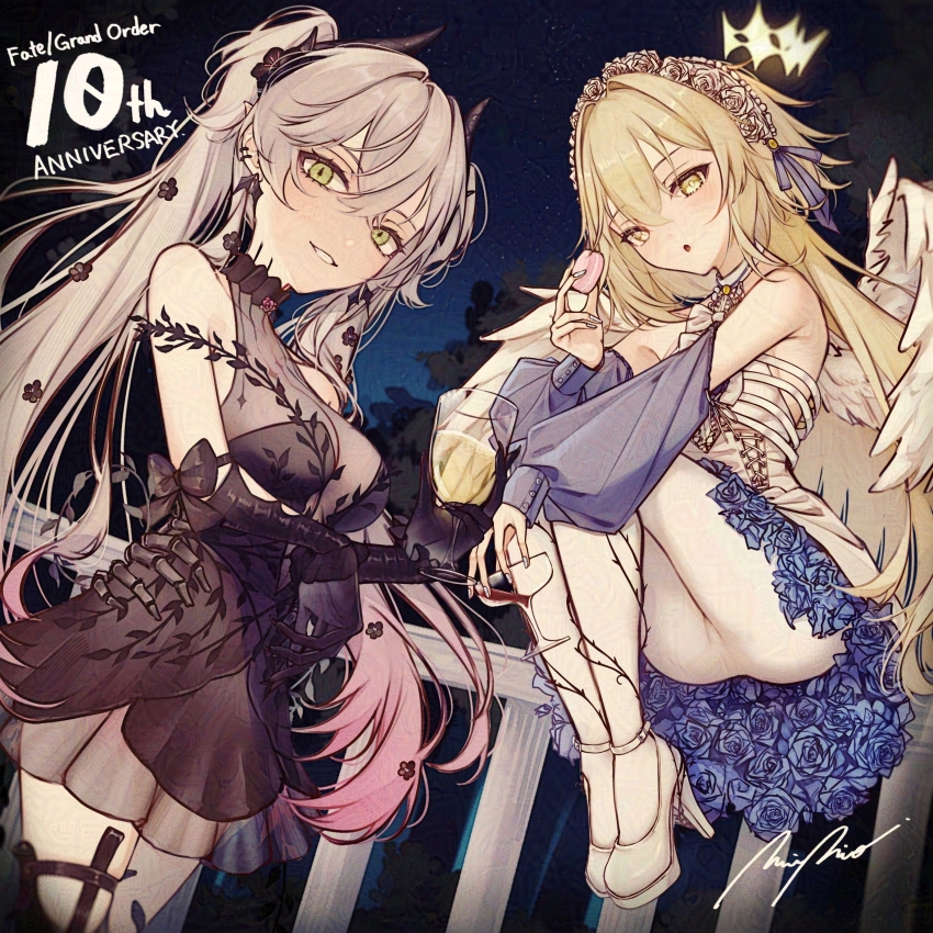 2girls, :o, absurdres, adversarial_noise, angel_wings, anniversary, bare_shoulders, black_bow