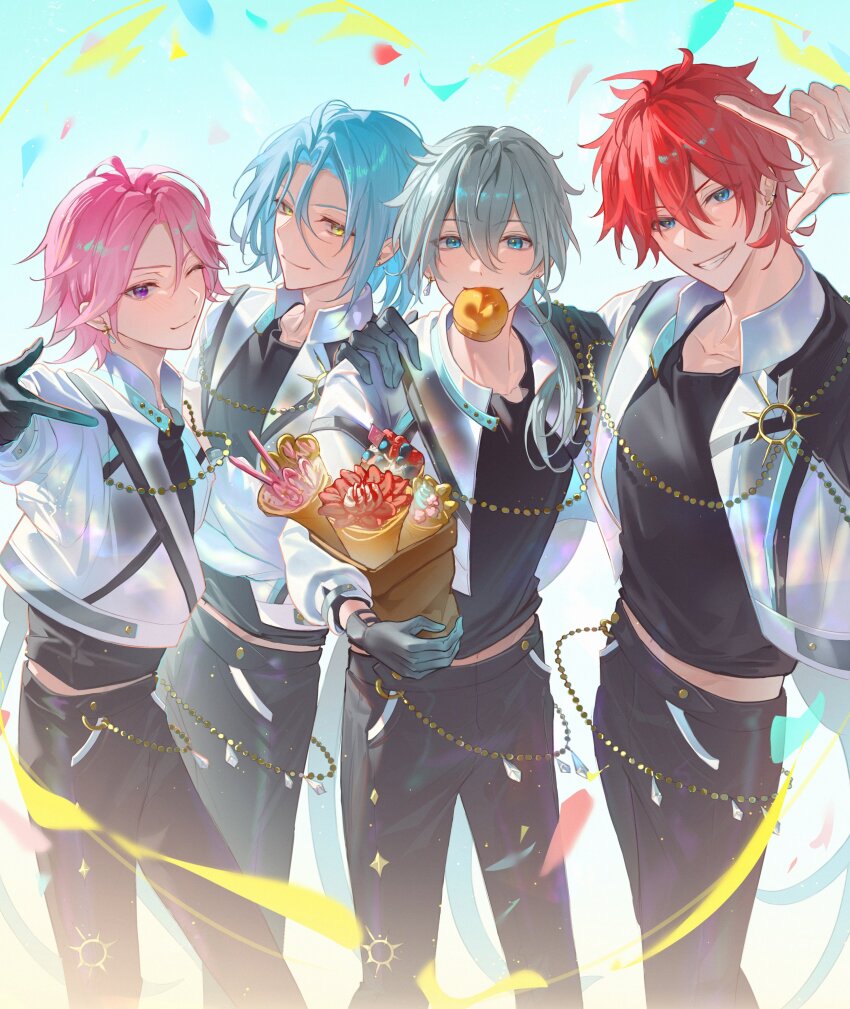 4boys, absurdres, amagi_rinne, apol_(ap_is_apol), bag, black_gloves, black_pants, blue_eyes, blue_hair, closed_mouth, crepe, ensemble_stars!, food, food_in_mouth, gloves, grey_hair, hair_between_eyes, hand_on_another's_shoulder, hand_up, highres, himeru_(ensemble_stars!), holding, holding_bag, jacket, l_hand, long_hair, long_sleeves, looking_at_viewer, low_ponytail, male_focus, multiple_boys, official_alternate_costume, one_eye_closed, open_clothes, open_jacket, oukawa_kohaku, pants, pink_hair, ponytail, purple_eyes, red_hair, shiina_niki, short_hair, smile, streamers, yellow_eyes