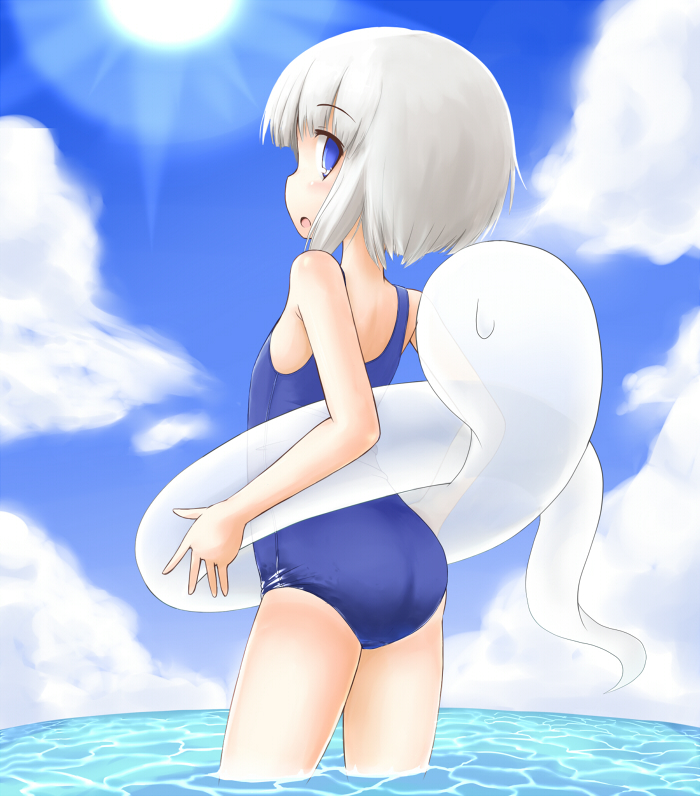 1girl, ass, blue_eyes, blue_one-piece_swimsuit, blue_sky, cloud, day, female_focus