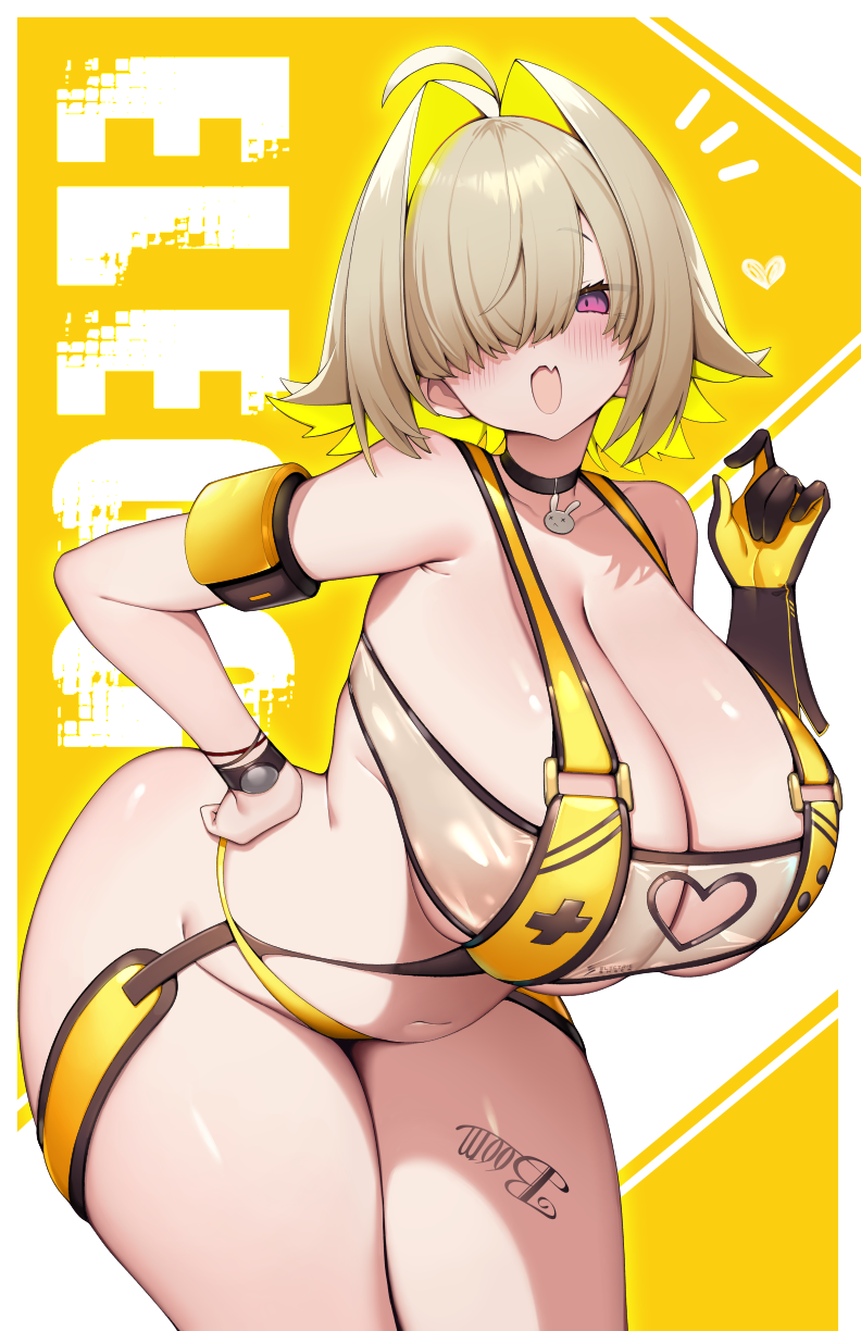 1girl, ahoge, bent_over, black_choker, black_gloves, blonde_hair, blush, breasts