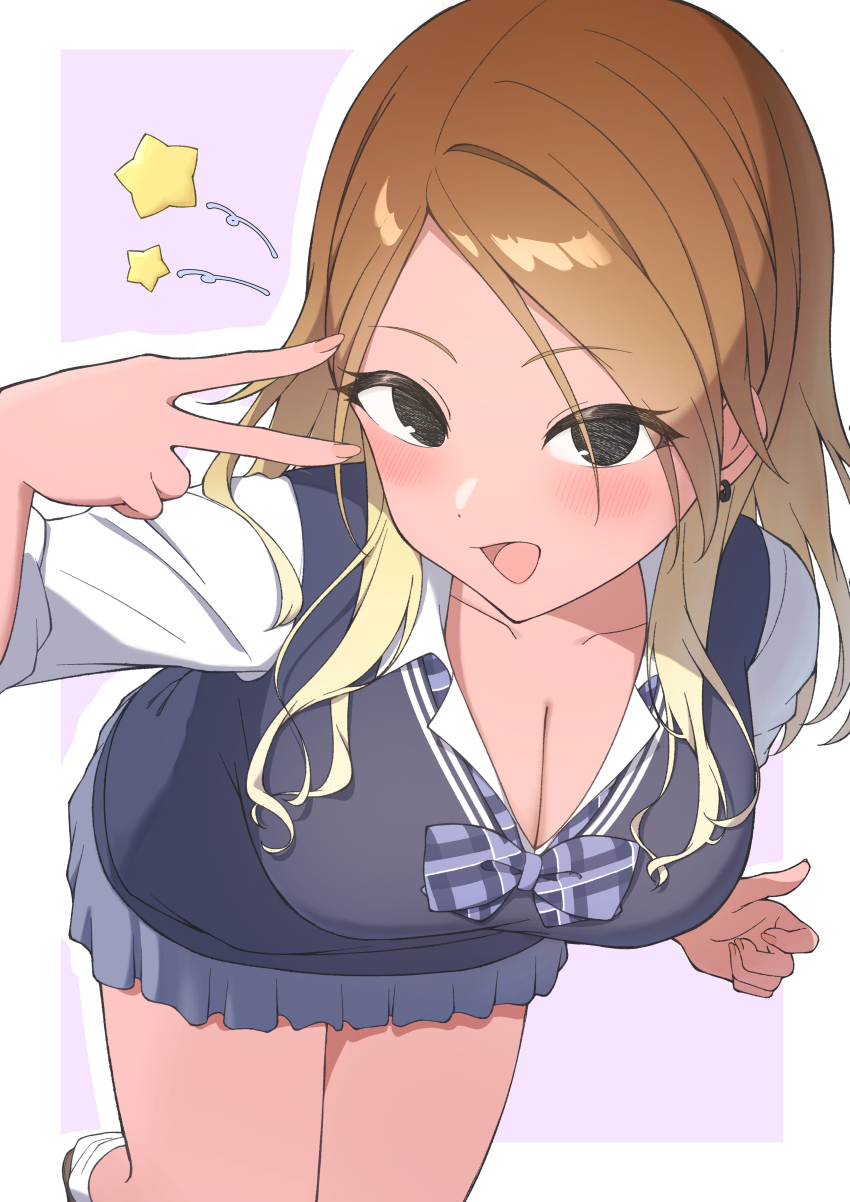 1girl, absurdres, amama_(pcnk4878), black_sweater_vest, blonde_hair, blue_bow, blue_bowtie, blue_skirt, blush, border, bow, bowtie, breasts, brown_hair, cleavage, collarbone, commentary_request, earrings, fingernails, gradient_hair, highres, idolmaster, idolmaster_shiny_colors, izumi_mei, jewelry, large_breasts, long_hair, loose_bowtie, miniskirt, multicolored_hair, open_collar, pink_background, plaid_bow, plaid_bowtie, plaid_clothes, pleated_skirt, school_uniform, shirt, simple_background, skirt, solo, sweater_vest, tan, v, white_border, white_shirt