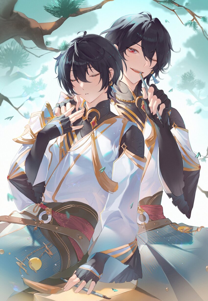 2boys, absurdres, apol_(ap_is_apol), black_hair, brothers, calligraphy_brush, closed_mouth, earrings