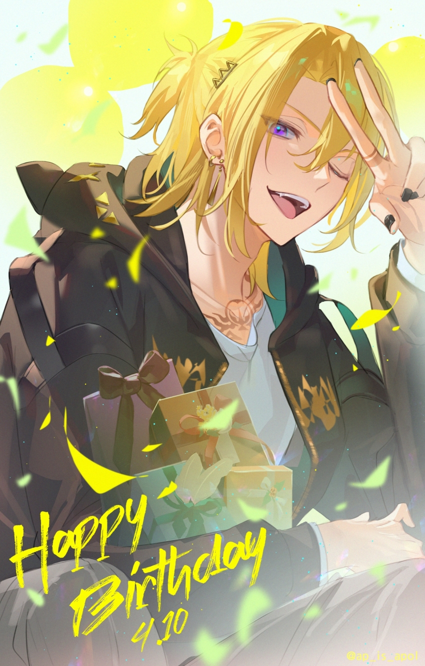 1boy, absurdres, apol_(ap_is_apol), black_nails, blonde_hair, box, confetti, gift, gift_box, hair_between_eyes, half_updo, happy_birthday, highres, holding, holding_gift, looking_at_viewer, luca_kaneshiro, luca_kaneshiro_(3rd_costume), male_focus, medium_hair, neck_tattoo, nijisanji, nijisanji_en, one_eye_closed, open_mouth, purple_eyes, smile, solo, tattoo, teeth, upper_teeth_only, v, virtual_youtuber