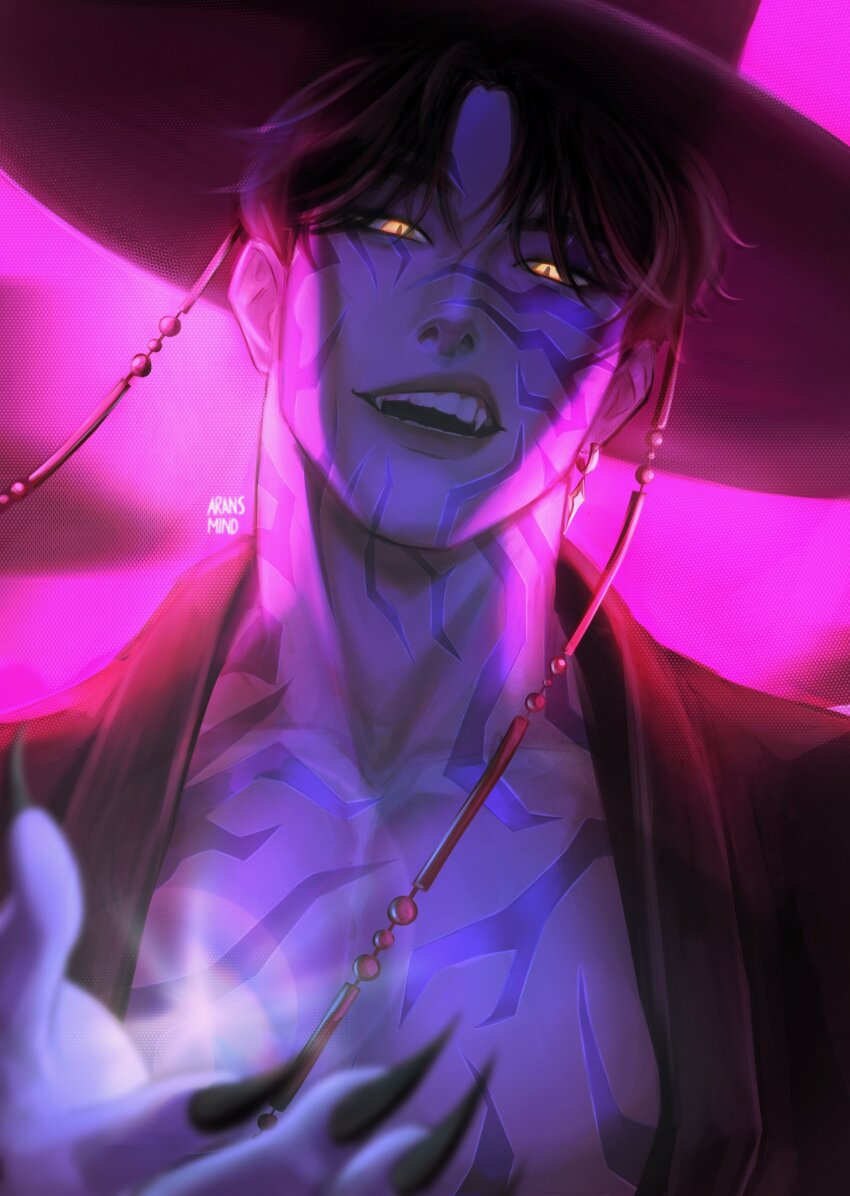 1boy, aransmind, black_hair, body_markings, commentary, earrings, fangs, fingernails