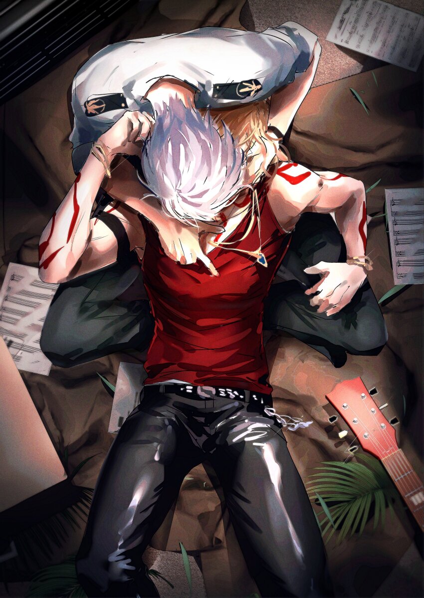 2boys, absurdres, alternate_universe, arm_up, b_bcollector, bare_shoulders, belt, black_belt