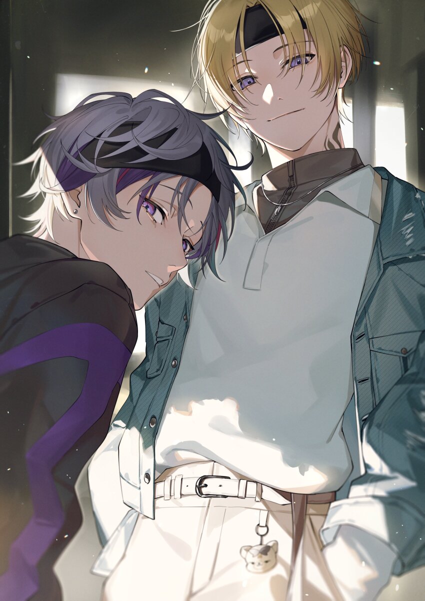 2boys, absurdres, belt, black_headband, blonde_hair, closed_mouth, fuwa_minato, grey_hair