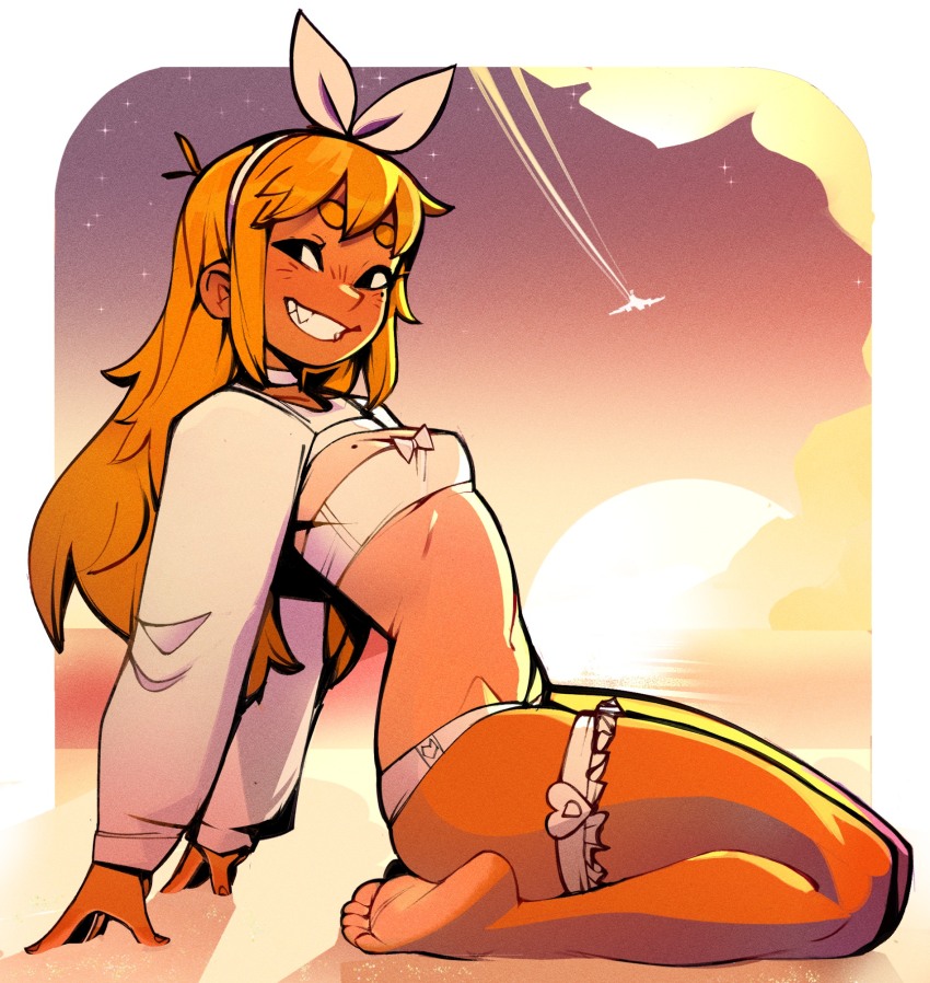 1girl, aircraft, airplane, barefoot, bikini, blonde_hair, blush, boondraws