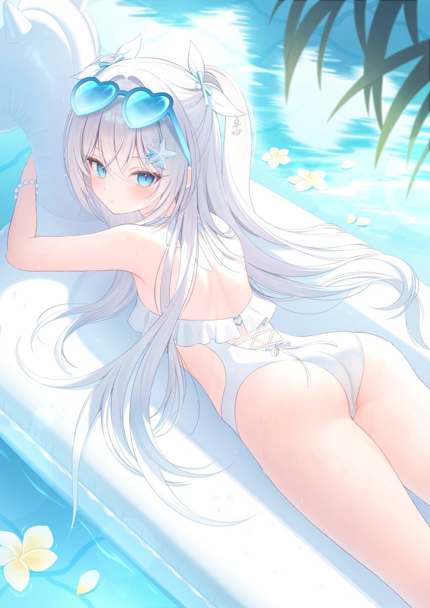 1girl, absurdres, ass, blue-tinted_eyewear, blue_eyes, blush, bracelet, casual_one-piece_swimsuit