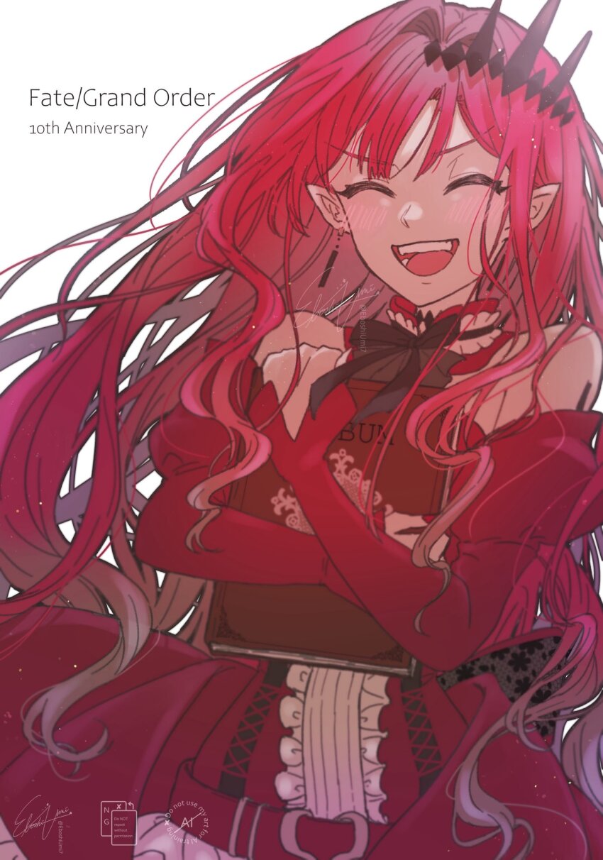 1girl, baobhan_sith_(fate), baobhan_sith_(first_ascension)_(fate), blush, book, closed_eyes, detached_sleeves, dress, earrings, eboshiumi7, facing_viewer, fate/grand_order, fate_(series), hair_ornament, highres, holding, holding_book, jewelry, long_hair, open_mouth, pink_hair, pointy_ears, red_dress, sidelocks, smile, solo