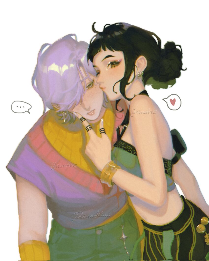 1boy, 1girl, arm_pouch, arm_warmers, blush, double_bun, earrings, eyeshadow, hair_bun, hair_over_one_eye, hashtag-only_commentary, heart, highres, jewelry, kiss, kissing_cheek, kpop_demon_hunters, makeup, mole, mystery_(kpop_demon_hunters), one_eye_closed, parted_lips, purple_hair, rina4rt, short_hair, sidelocks, simple_background, spoken_heart, turtleneck, twitter_username, white_background, zoey_(kpop_demon_hunters)