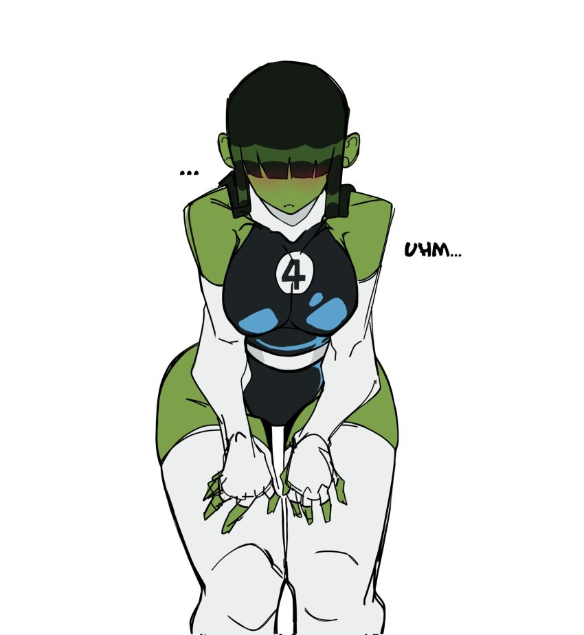 ..., 1girl, blush, colored_skin, english_text, fantastic_four, green_hair, green_skin