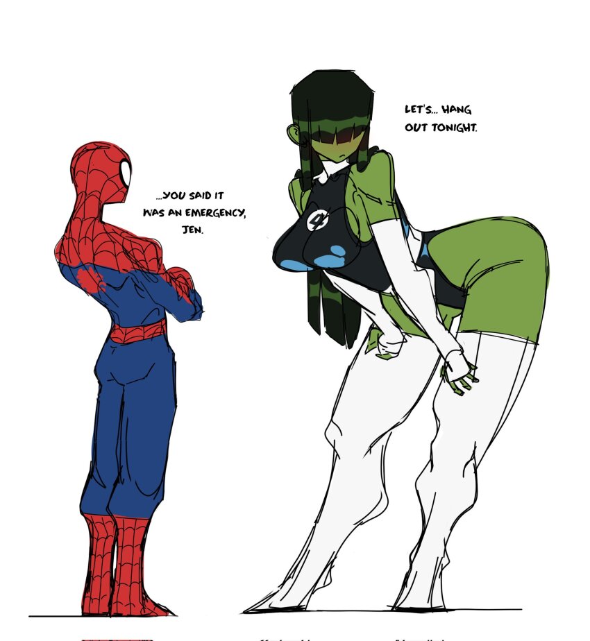 1boy, 1girl, :<, blush, english_text, fantastic_four, flirting, green_hair, green_skirt, height_difference, highres, jennifer_walters, leaning_forward, marvel, peter_parker, she-hulk, simple_background, skirt, spider-man, spider-man_(series), t1tans90, tagme, talking, tall_female, thighhighs, white_background, white_thighhighs