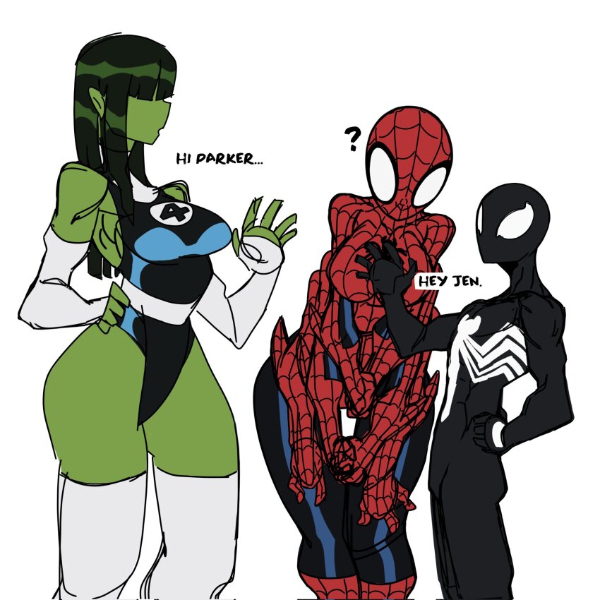 1boy, 2girls, ?, bodysuit, english_text, fantastic_four, green_hair, green_skirt