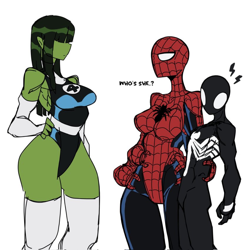 1boy, 2girls, colored_skin, english_text, fantastic_four, green_hair, green_skin, highres