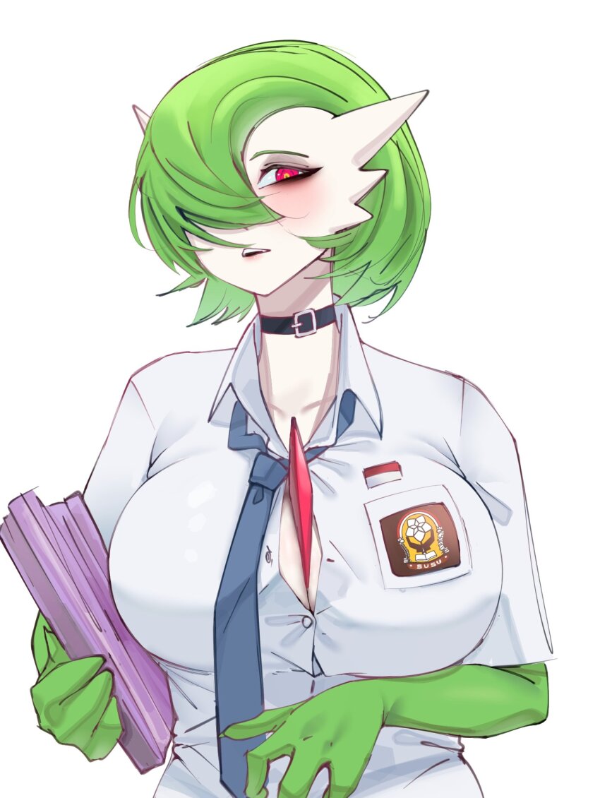 1girl, alv4febrian, black_choker, blue_necktie, breasts, choker, clothed_pokemon, collared_shirt