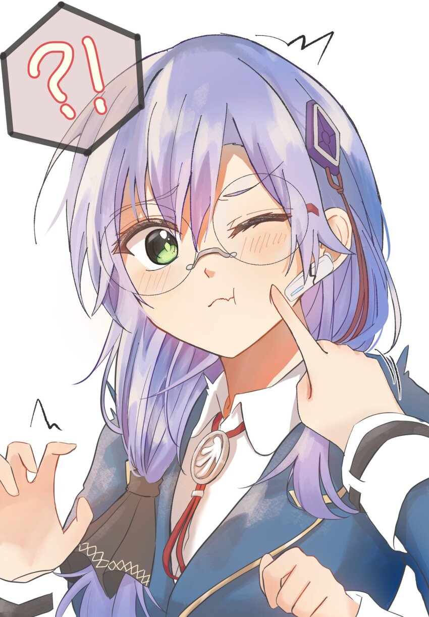 2girls, aoi11_luyu, blue_jacket, cheek_poking, female_pov, glasses, green_eyes, grey_hair