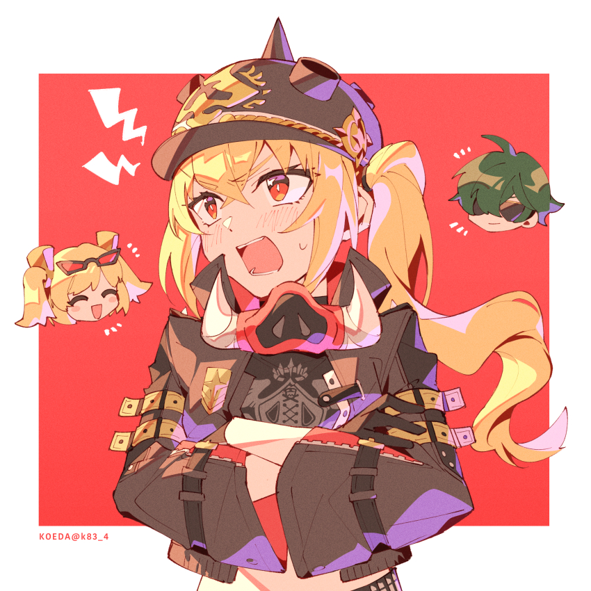 1boy, 2girls, black_gloves, black_hat, black_jacket, blonde_hair, burnice_white, crossed_arms