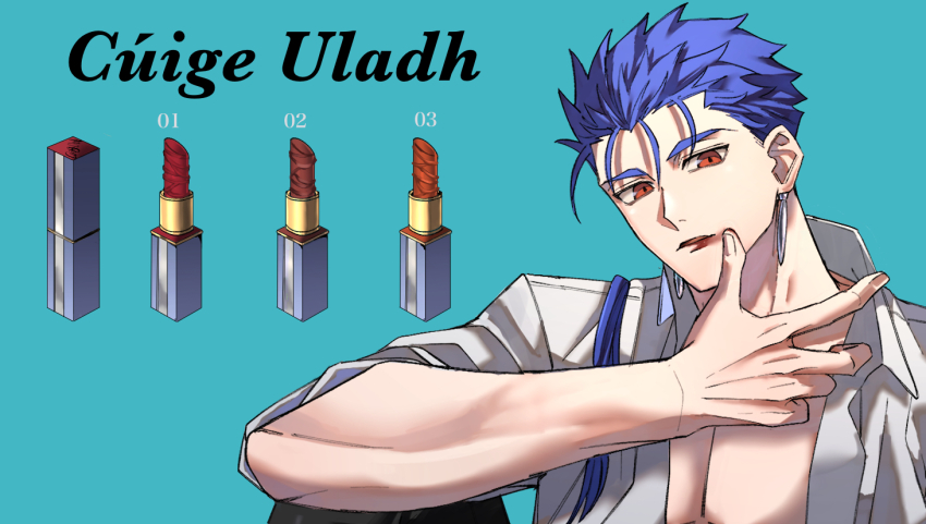 1boy, bare_pectorals, blue_background, blue_hair, cosmetics, cu_chulainn_(fate), cu_chulainn_(lancer)_(fate), earrings