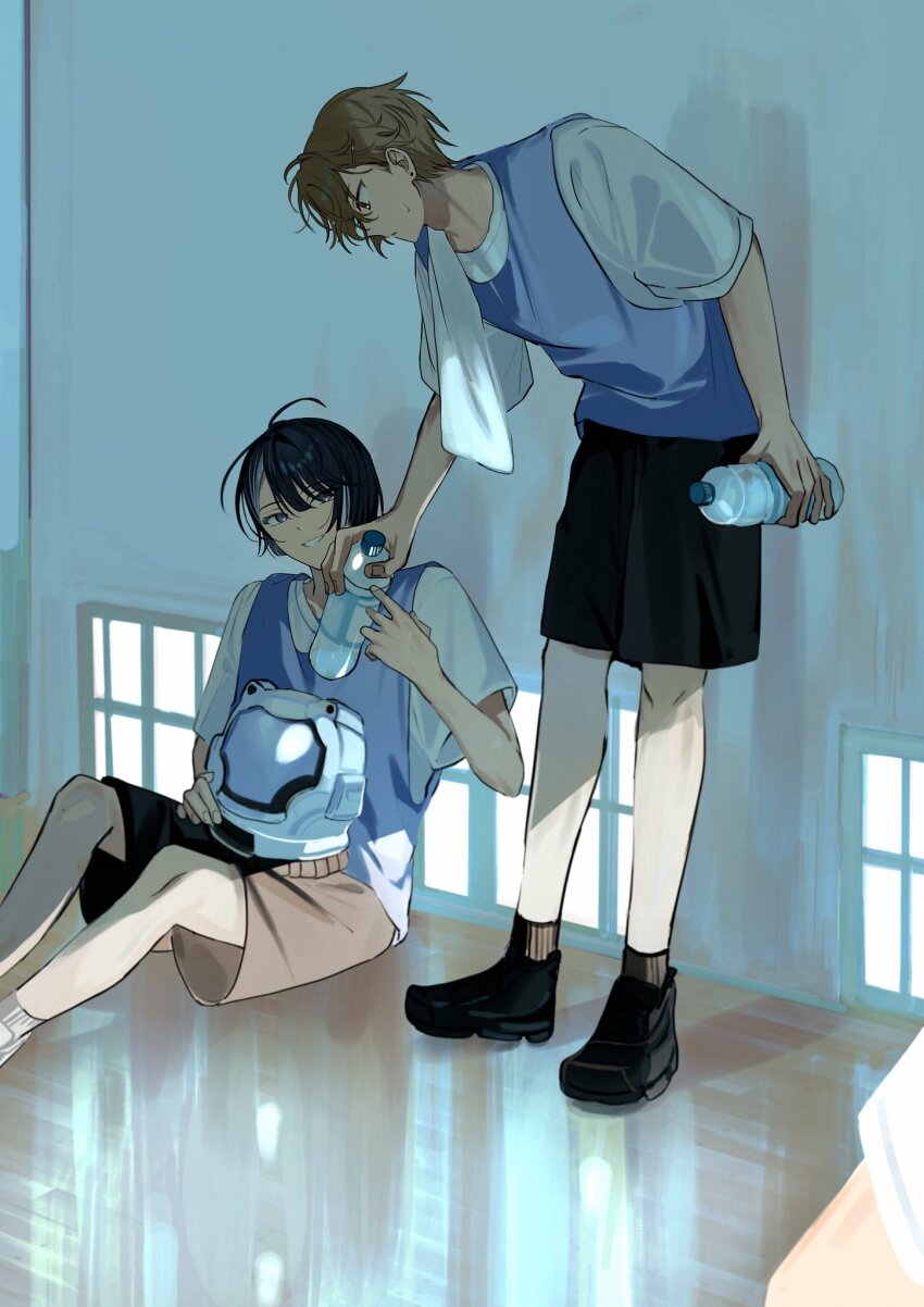 18trip, 22kolink, 2boys, black_hair, black_shoes, black_shorts, blue_vest, bottle, brown_hair, brown_shorts, full_body, hair_between_eyes, helmet, highres, holding, holding_bottle, holding_unworn_helmet, indoors, kaguya_muneuji, kurama_ushio, looking_at_another, looking_down, male_focus, multiple_boys, on_floor, shirt, shoes, short_sleeves, shorts, sitting, smile, space_helmet, towel, towel_on_one_shoulder, unworn_helmet, vest, water_bottle, white_shirt