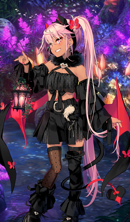 1girl, bare_shoulders, belt, belt_buckle, black_belt, black_shirt, black_skirt, blush, breasts, buckle, chloe_von_einzbern, chloe_von_einzbern_(celebratory_attire), commentary_request, crop_top, dark-skinned_female, dark_skin, demon_horns, demon_tail, demon_wings, detached_sleeves, earrings, fate/grand_order, fate_(series), fishnet_thighhighs, fishnets, flower, fur_collar, grin, hair_between_eyes, hair_flower, hair_ornament, halterneck, hand_up, hiroyama_hiroshi, holding, holding_lantern, horns, jewelry, lantern, long_hair, long_sleeves, looking_at_viewer, midriff, nail_polish, official_art, orange_eyes, outdoors, pink_hair, pink_nails, red_flower, shirt, side_ponytail, skirt, small_breasts, smile, solo, standing, stomach_tattoo, tail, tattoo, thighhighs, wings