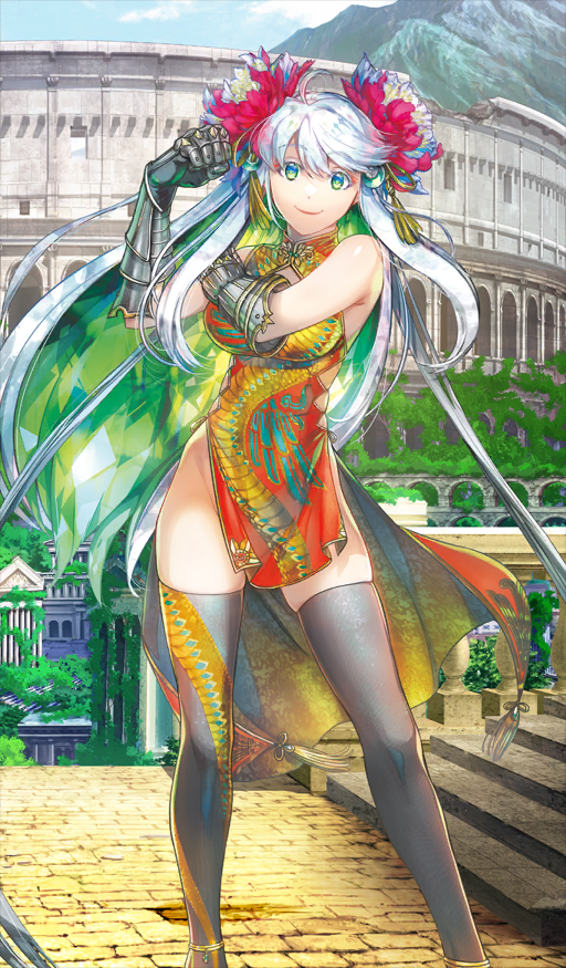 1girl, ahoge, anklet, bare_shoulders, black_thighhighs, breasts, china_dress, chinese_clothes, clenched_hand, closed_mouth, colored_inner_hair, colosseum, commentary_request, dress, fate/grand_order, fate_(series), flower, gauntlets, green_eyes, green_hair, groin, hair_between_eyes, hair_flower, hair_ornament, hand_on_own_arm, hand_up, high-low_dress, hiroe_rei, jewelry, kukulkan_(fate), kukulkan_(celebratory_attire)_(fate), large_breasts, long_hair, looking_at_viewer, multicolored_hair, official_art, orange_dress, outdoors, pink_flower, print_dress, side_slit, sleeveless, sleeveless_dress, smile, solo, standing, tassel, thighhighs, thighs, white_hair