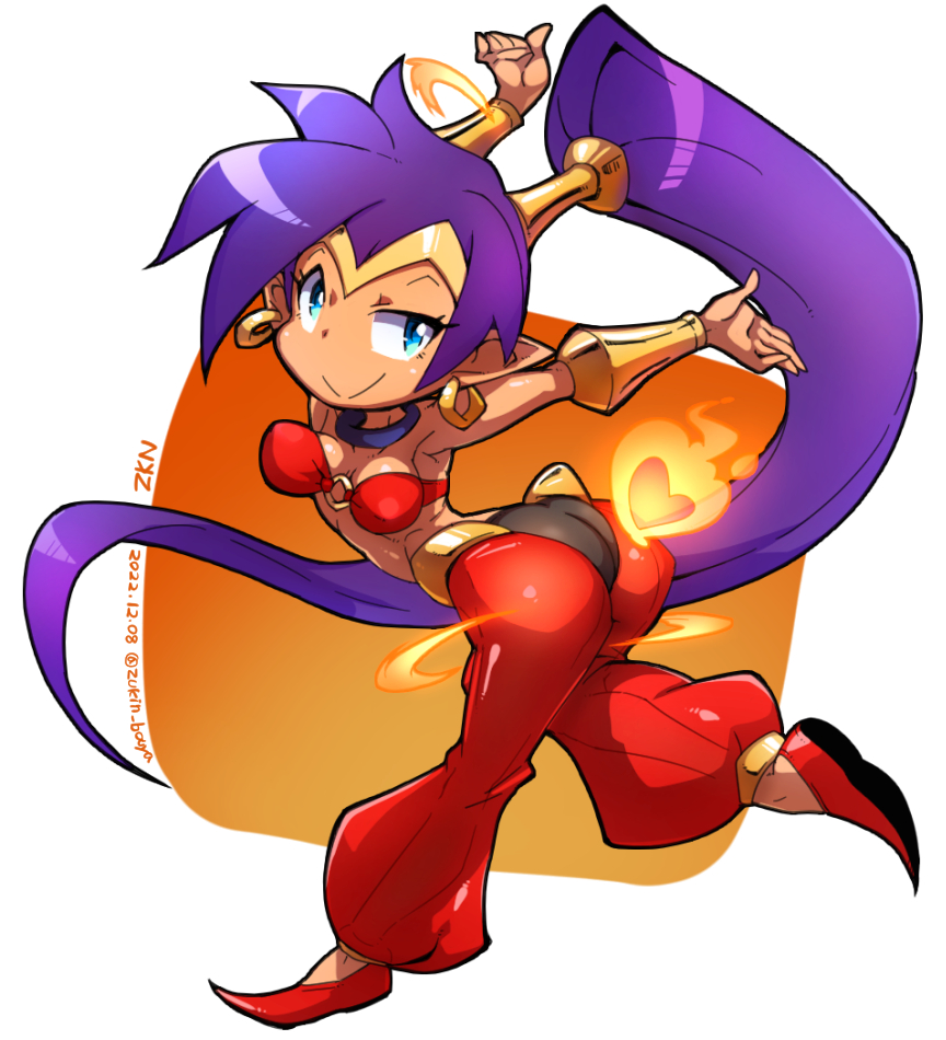 1girl, arabian_clothes, armpits, bare_shoulders, black_panties, blue_eyes, choker, commentary_request, dancing, dated, earrings, fire, full_body, harem_pants, heart, high_ponytail, jewelry, long_hair, navel, o-ring, o-ring_top, panties, pants, pointy_ears, pointy_shoes, ponytail, purple_hair, see-through_clothes, shantae, shantae_(series), shoes, signature, simple_background, smug, solo, tiara, transparent_harem_pants, twitter_username, underwear, vambraces, very_long_hair, zkn