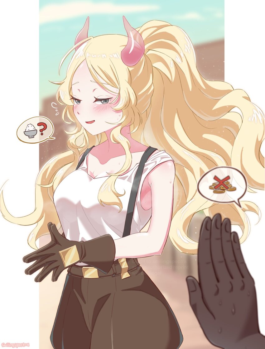 1boy, 1girl, albaz_(yu-gi-oh!), bare_shoulders, black_shirt, blonde_hair, breasts, brown_gloves