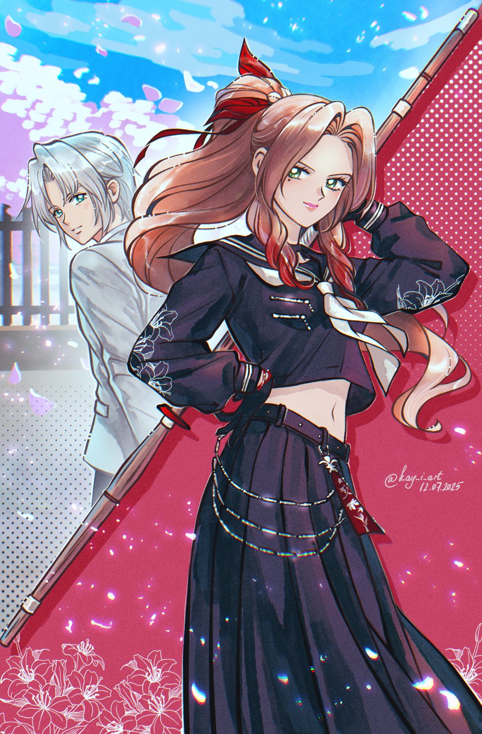1boy, 1girl, aerith_gainsborough, aerith_gainsborough_(midgard_seventh_high_school), black_choker, black_gloves, black_pants, black_sailor_collar, black_shirt, black_skirt, breasts, brown_hair, cherry_blossoms, choker, colored_tips, crop_top, dated, delinquent, face_piercing, falling_petals, final_fantasy, final_fantasy_vii, final_fantasy_vii:_ever_crisis, floral_print, gloves, green_eyes, grey_hair, grey_jacket, hair_ribbon, hand_on_own_hip, highres, holding, holding_behind_back, holding_staff, holding_weapon_behind_back, jacket, kay-i, light_smile, long_hair, long_skirt, long_sleeves, medium_breasts, midriff, multicolored_hair, navel, neckerchief, official_alternate_costume, pants, parted_bangs, petals, piercing, pink_petals, ponytail, red_hair, red_ribbon, retro_artstyle, ribbon, sailor_collar, school_uniform, sephiroth, sephiroth_(ever_crisis), sephiroth_(shinra_private_academy), shirt, short_hair, sidelocks, skirt, staff, suit_jacket, sukeban, twitter_username, white_neckerchief