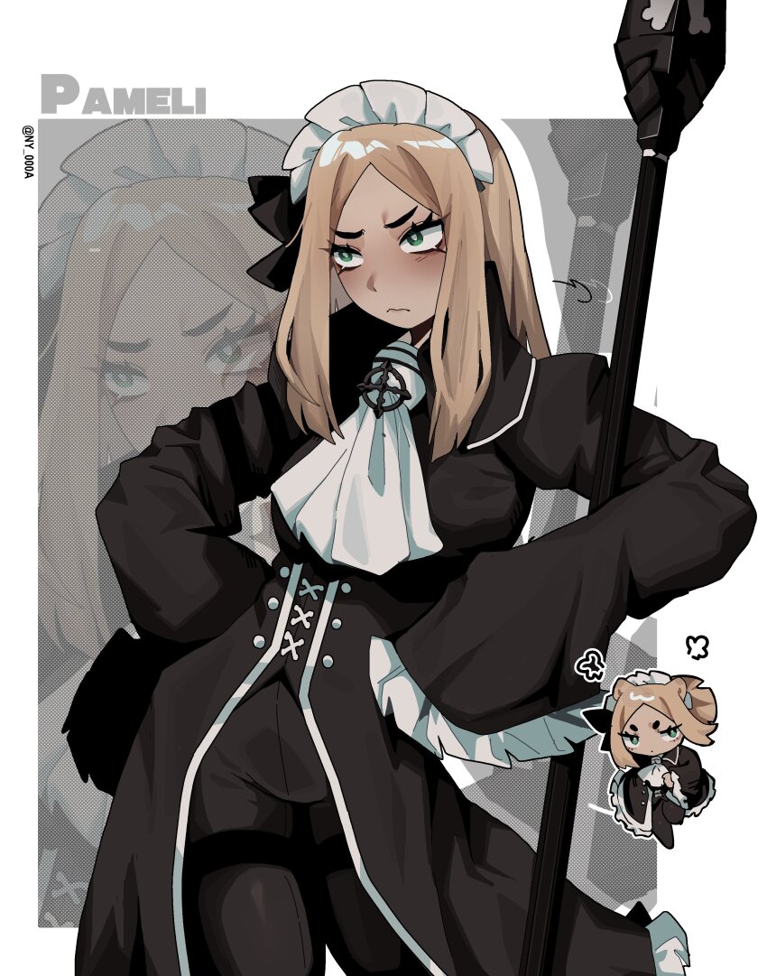 1girl, absurdres, ascot, black_coat, black_pants, brown_hair, character_name, chibi