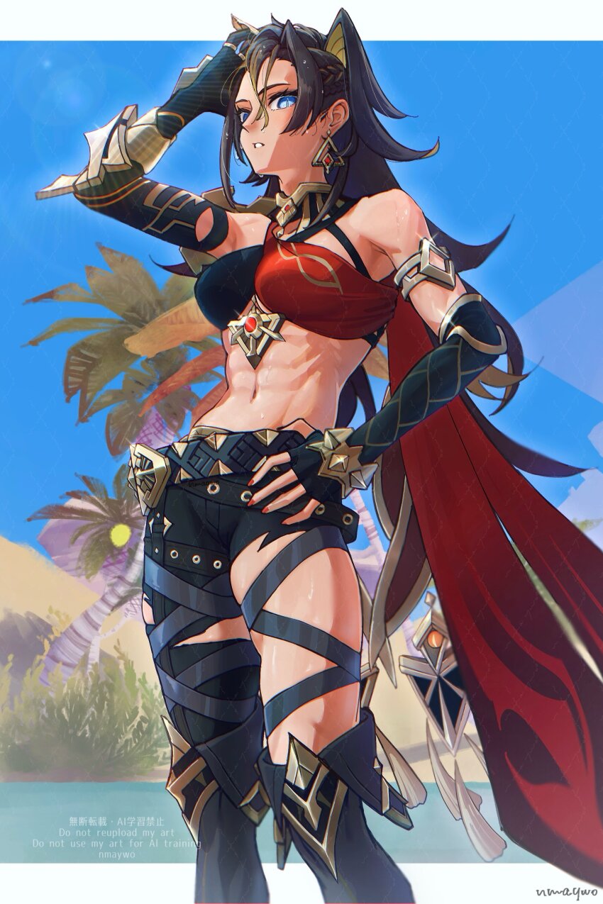 1girl, abs, absurdres, arm_armor, arm_up, armlet, asymmetrical_clothes, bare_shoulders