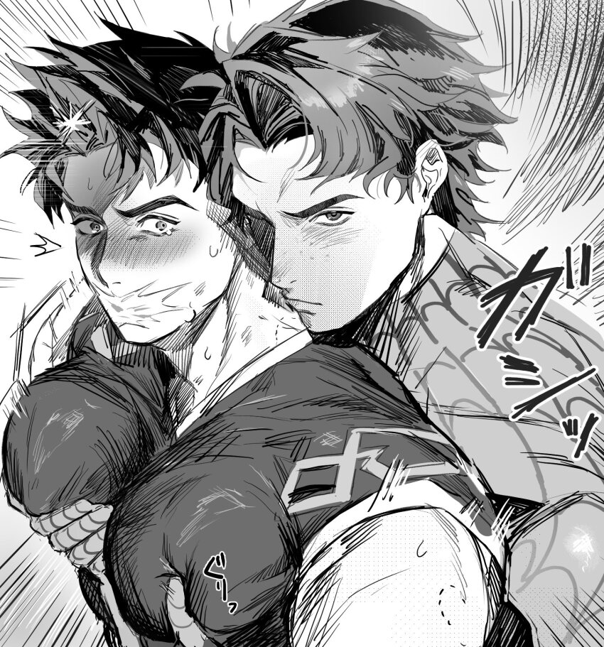 2boys, bite_mark, blush, chinese_clothes, closed_mouth, commentary_request, full-face_blush, grabbing_another's_pectorals, greyscale, highres, hoshiimopotato, iron_fist_(marvel), large_pectorals, lin_lie_(marvel), looking_at_viewer, male_focus, marvel, marvel_rivals, monochrome, multiple_boys, pectorals, peter_parker, short_hair, spider-man, spider-man_(original_suit), spider-man_(series), spider_web_print, sweat, sweatdrop, tears, yaoi