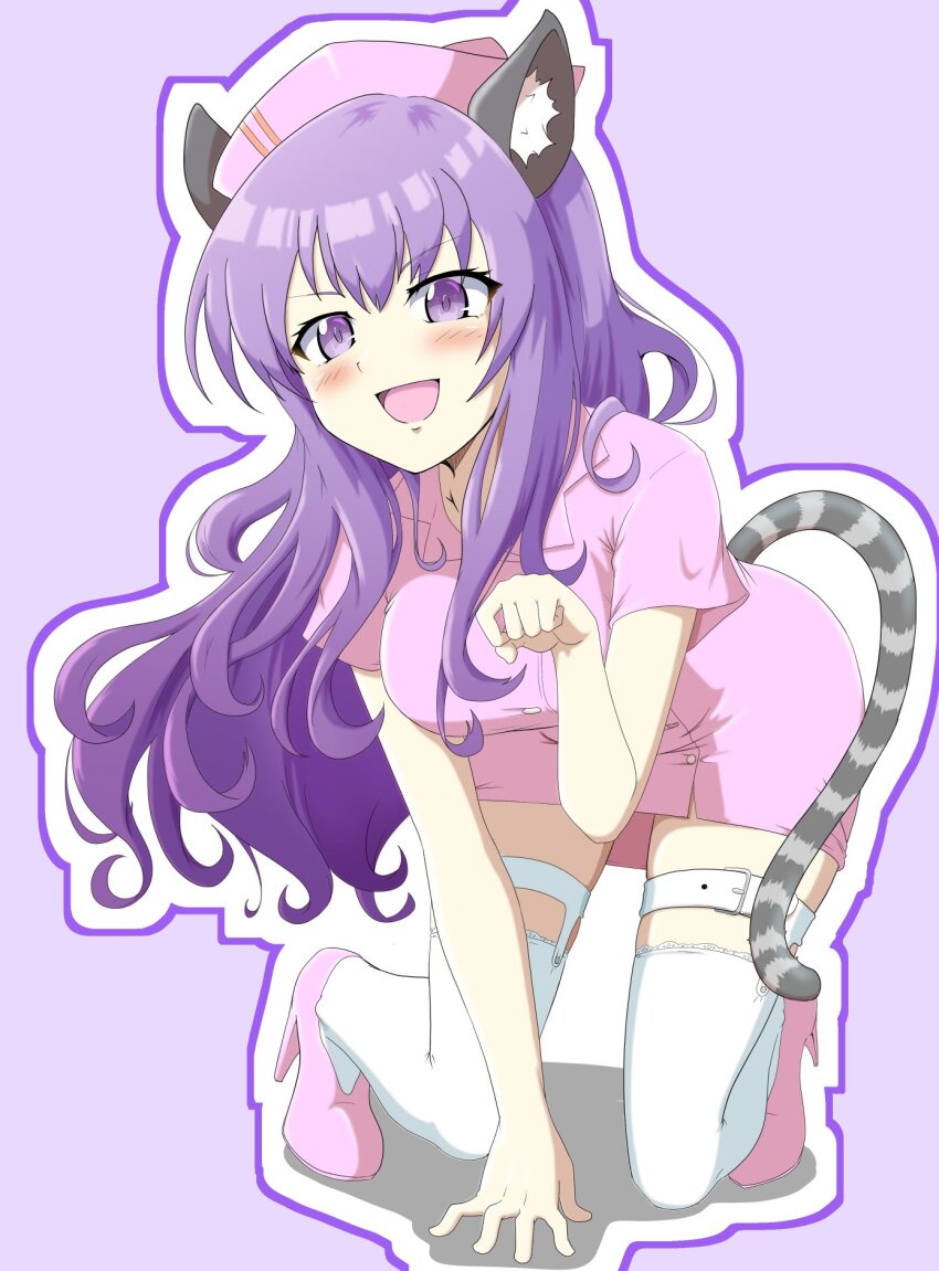 1girl, alternate_costume, azusa_(azusa0325), cheshire_cat_(grimms_notes), cheshire_cat_(original)_(grimms_notes), grimms_notes, hat, highres, long_hair, nurse, nurse_cap, purple_hair, solo