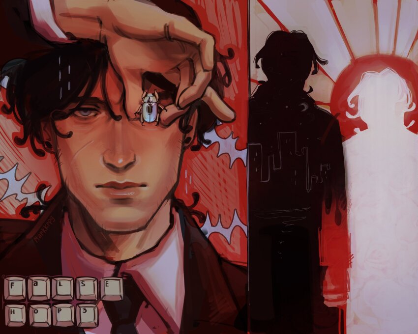 1boy, 2others, beetle, black_coat, black_hair, black_necktie, black_suit, blue_eyes