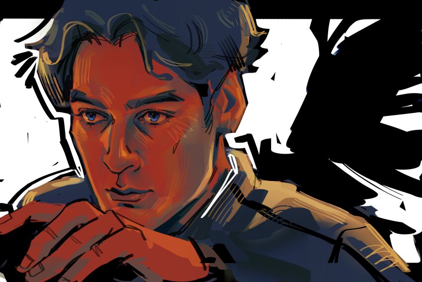 1boy, :|, aegyo_sal, black_wings, blue_eyes, character_request, closed_mouth, commentary