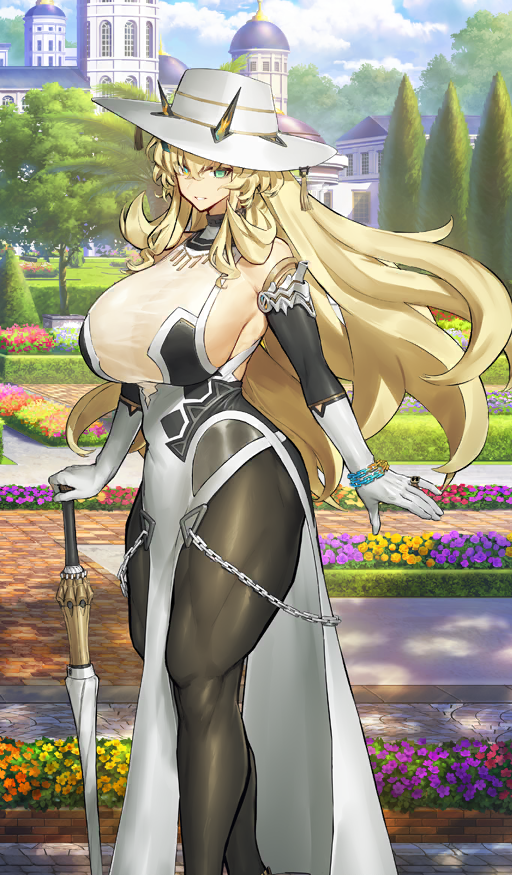 1girl, bare_shoulders, barghest_(fate), barghest_(celebratory_attire)_(fate), black_dress, blonde_hair, breasts, brown_pantyhose, chain, chain_bracelet, commentary_request, dress, fate/grand_order, fate_(series), gloves, green_eyes, hat, horns, huge_breasts, long_hair, looking_at_viewer, melon22, official_art, pantyhose, pelvic_curtain, sideboob, solo, sun_hat, thick_thighs, thighs, two-tone_dress, white_dress, white_hat