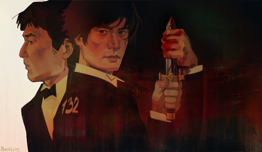 2boys, absurdres, bags_under_eyes, black_coat, black_eyes, black_hair, black_suit, blood