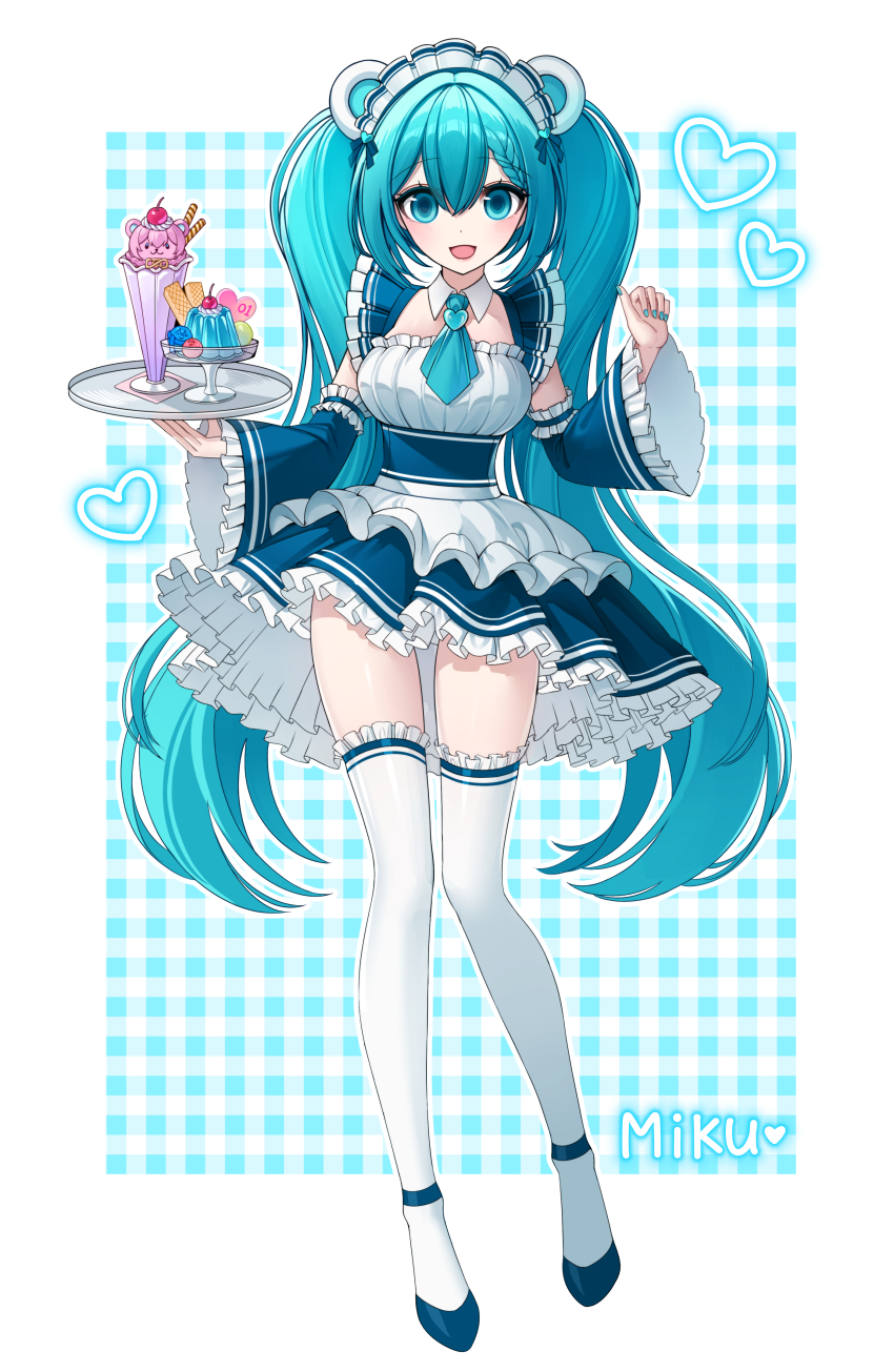 1girl, absurdres, alternate_costume, animal_ears, apron, aqua_ascot, aqua_background, aqua_eyes