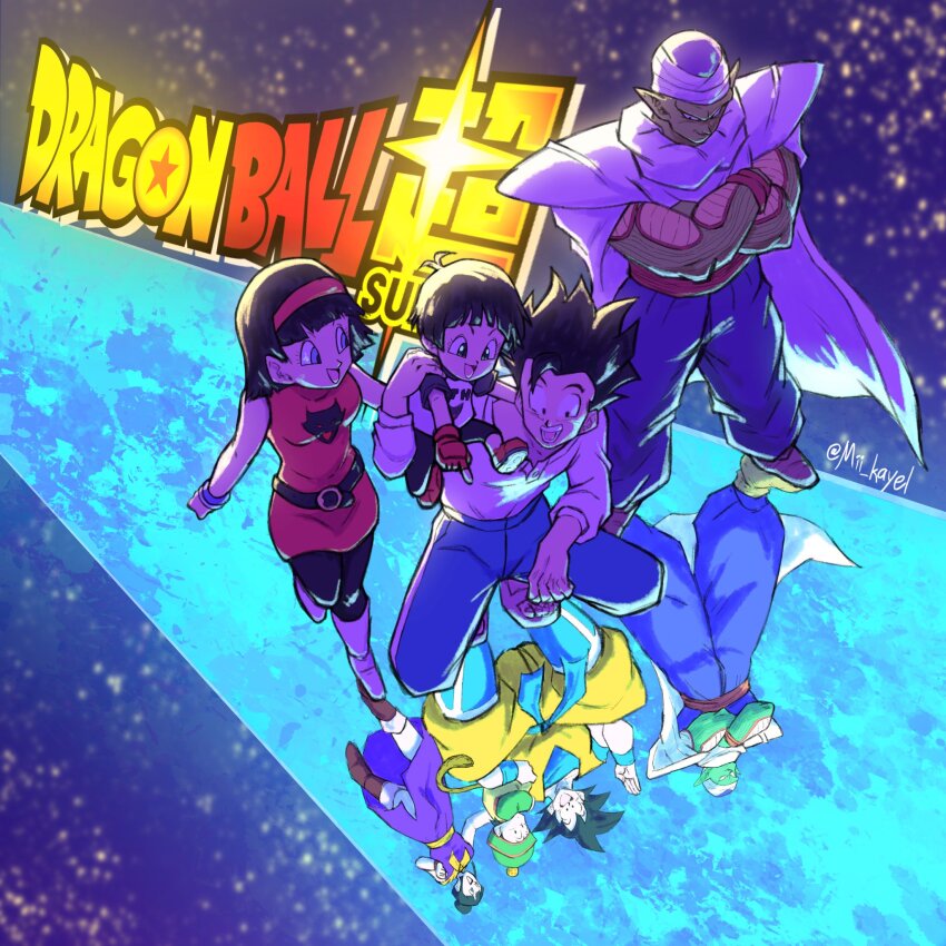 black_hair, black_pantyhose, blue_pants, cape, chi-chi_(dragon_ball), colored_skin, different_reflection, dragon_ball, dragon_ball_super, dragon_ball_super_super_hero, dragonball_z, dress, family, father_and_child, father_and_daughter, green_skin, group_picture, husband_and_wife, medium_hair, mii_kayel, mother_and_child, mother_and_daughter, no_eyebrows, pan_(dragon_ball), pants, pantyhose, parent_and_child, piccolo, pointy_ears, red_dress, reflection, shirt, son_gohan, son_goku, spiked_hair, videl, white_cape, white_shirt