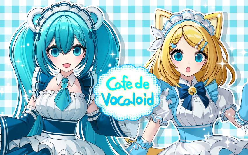 2girls, :o, absurdres, alternate_costume, animal_ears, apron, aqua_ascot, aqua_eyes