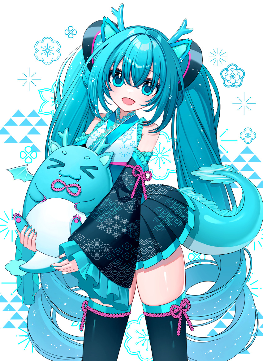 1girl, :d, absurdres, alternate_costume, animal_ears, aqua_eyes, aqua_hair, black_skirt