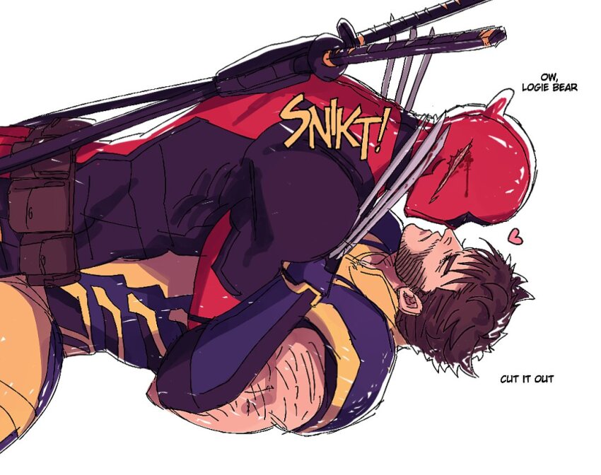 2boys, arm_hair, beard, belt, bleeding, blood, bodysuit, brown_hair