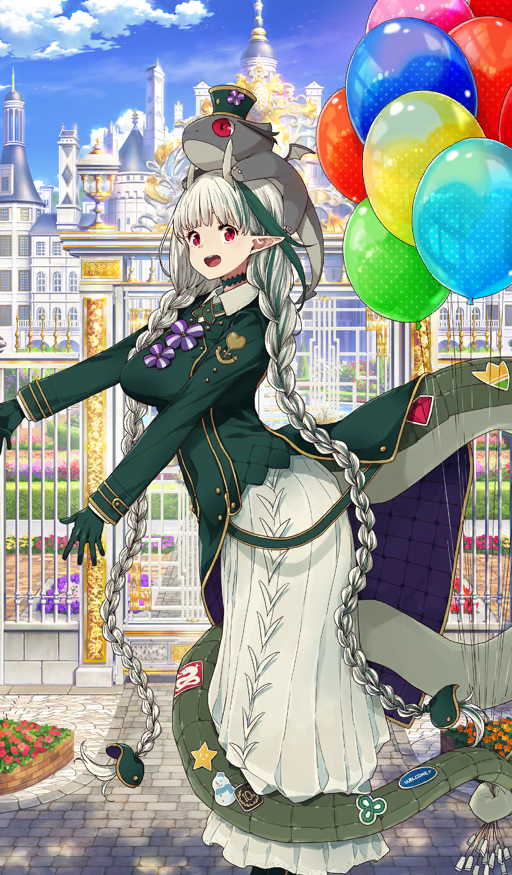 1girl, balloon, biscione_(celebratory_attire)_(fate), biscione_(fate), biscione_(third_ascension)_(fate), blush, braid, breasts, coat, collared_shirt, dragon, dragon_girl, dragon_tail, fate/grand_order, fate_(series), gloves, green_coat, green_gloves, horns, imigimuru, large_breasts, long_hair, long_skirt, long_sleeves, looking_at_viewer, low_twin_braids, multicolored_hair, official_art, open_mouth, pointy_ears, red_eyes, shirt, skirt, smile, streaked_hair, tail, twin_braids, white_hair, white_skirt